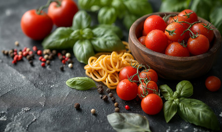 Tomatoes and basil on a dark background. Selective soft focusの素材