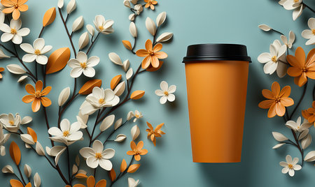 Drink cup with lid on abstract background. Selective soft focusの素材