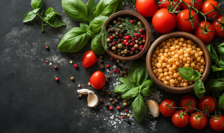 Tomatoes and basil on a dark background. Selective soft focusの素材