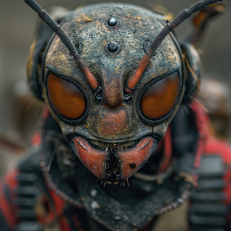 Illustration of a warlike ant on a blurred background. Selective soft focusの素材