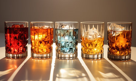 Drinks with ice cubes on a light background. Selective soft focus.の素材