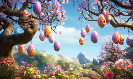 3D, cartoon Easter eggs hanging on tree branches.の素材