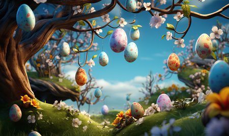 3D, cartoon Easter eggs hanging on tree branches.の素材