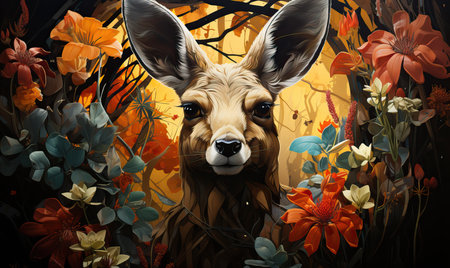 Creative colorful image of a kangaroo in vegetation.の素材