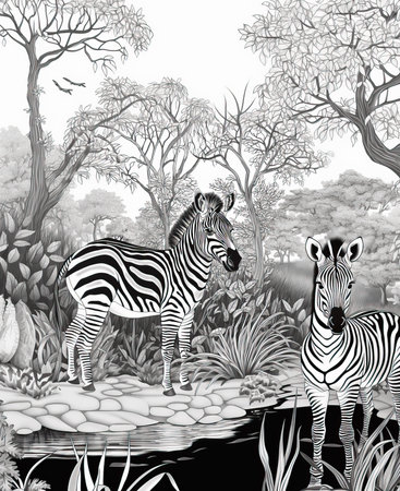 Black and white illustration for coloring animals, zebra.の素材