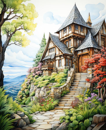 Forest area with a cartoon fairy house.の素材