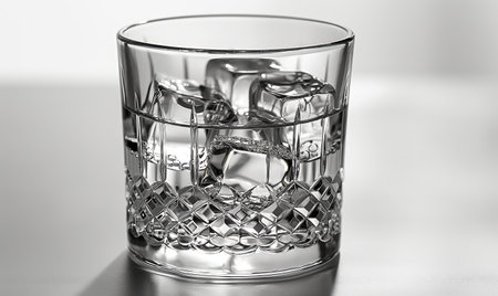 Transparent glass with clear drink and ice cubes. Selective soft focus.の素材