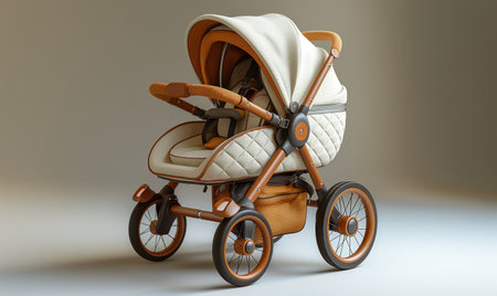 Image of a baby stroller on a light background. Selective soft focus.の素材