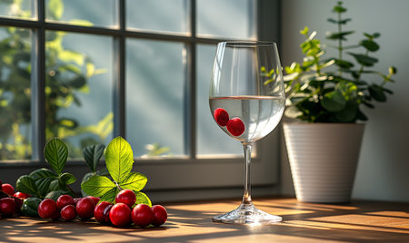 Transparent glass with a transparent drink on the table. Selective soft focus.の素材
