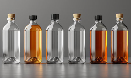 Empty transparent bottles with caps on a light background. Selective soft focus.の素材