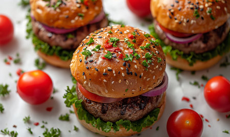 Juicy and tasty burger on a blurred background. Selective soft focusの素材