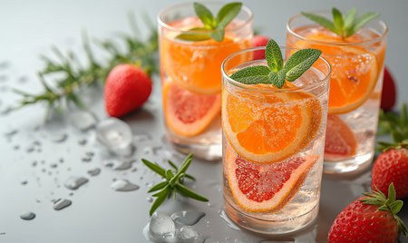 Drink with a slice of orange in a transparent glass. Selective soft focus.の素材