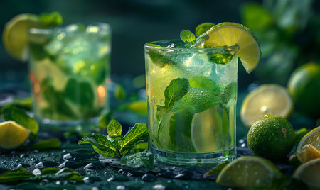 Drink with lemon on the table in a transparent glass. Selective soft focus.の素材