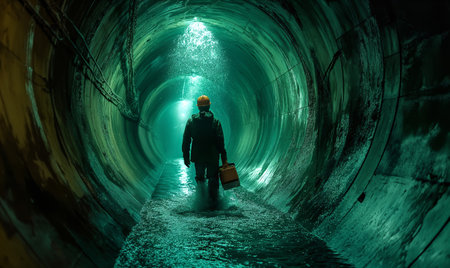 A worker walks in a round tunnel through water. Selective soft focus.の素材
