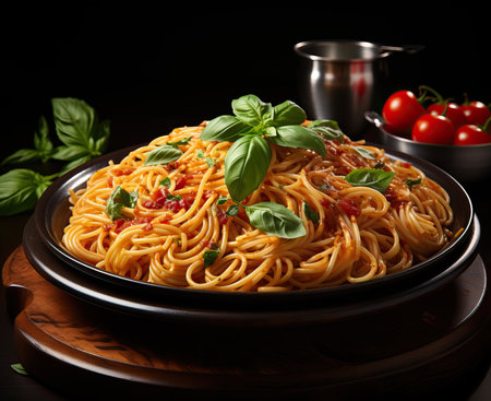 Plate of spaghetti with sauce on a dark background. Selective soft focus.の素材