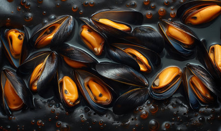 Mussels on a dark background top view. Selective soft focus.の素材