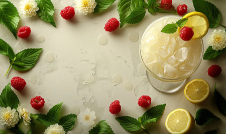 Fresh drink on a light background, top view. Selective soft focus.の素材
