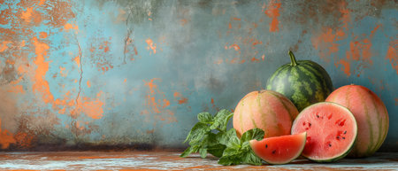 Ripe juicy watermelon on a texture background. Selective soft focus.の素材