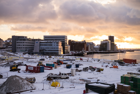 Beautiful sunset leaving the harbour on the way to Lofoten, Norwayのeditorial素材