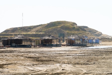 Traditional fisherman houses on the coast of Lobitos beach, Peruの写真素材