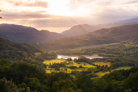 Summer landscape in the mountains. Sunrise Georgiaの写真素材