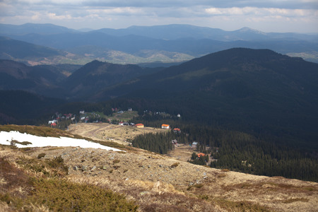 Carpathian mountains. The village in the mountains. Houses in the mountains. Dragobratの写真素材
