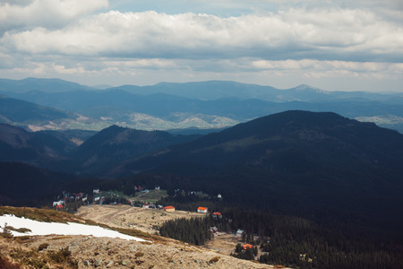 Carpathian mountains. The village in the mountains. Houses in the mountains. Dragobratの写真素材
