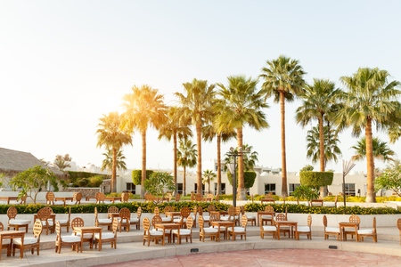 Outdoor luxury cafe restaurant in the tropical country with palm tree Summerのeditorial素材