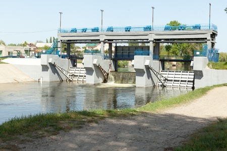 Small dam dam on the river Kharkov in the city of Kharkov Ukraine April 2018の写真素材