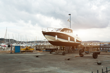 Morgat, France 29 May 2018 Boat on a trailer by the sea.の写真素材