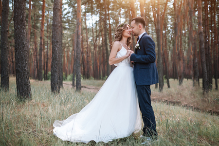 Bride and groom at wedding Day walking Outdoors on summer nature. Bridal couple, Happy Newlywed woman and man embracing in green park. Loving wedding couple outdoor.の写真素材