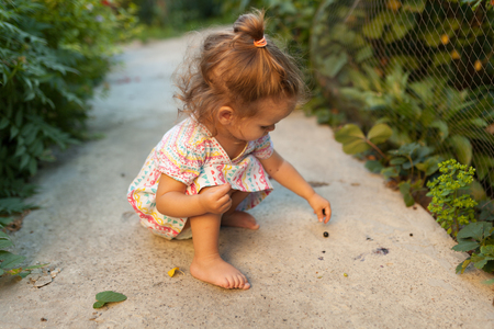 a little girl dressed in a fashionable dress strolls in the backyard or in the park on a warm summer sunny afternoon, summer vacation concept.の写真素材