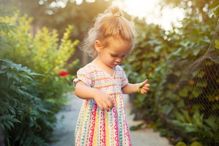 a little girl dressed in a fashionable dress strolls in the backyard or in the park on a warm summer sunny afternoon, summer vacation concept.の写真素材