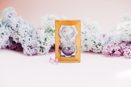 Sand running through the bulbs of an hourglass measuring the passing time in a countdown to a deadline, on a flower lilac spring background with copy spaceの写真素材