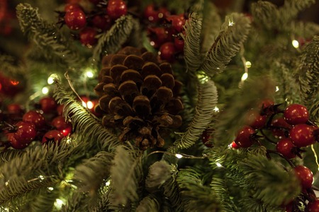 Close up of Christmas tree with ornaments natural viewの写真素材