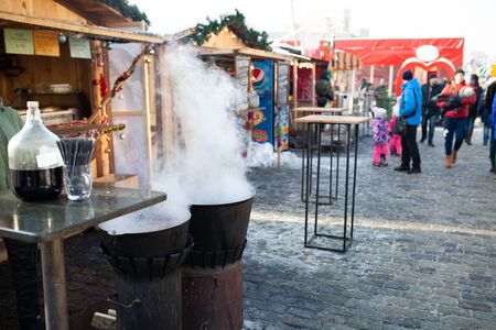 Ukraine, Kharkov 30 December 2018 Christmas market. New Year's Fair. Winter street food. Holidays and weekends in the city. Family Leisure.のeditorial素材