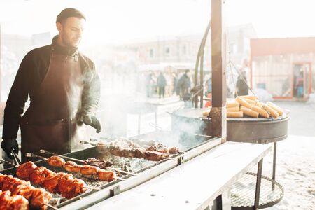 Ukraine, Kharkov 30 December 2018 Christmas market. New Year's Fair. Winter street food. Holidays and weekends in the city. Family Leisure.のeditorial素材