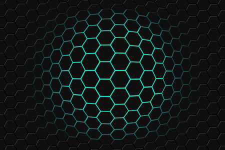 Abstract 3d rendering of futuristic surface with hexagons. Dark green sci-fi background....