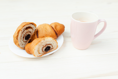 Croissant, great design for any purposes. Food, Bakery, Baking background. Delicious cake. French breakfast. Homemade Sweet dessert with chocolate fillingの写真素材