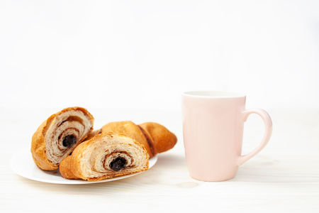 Croissant, great design for any purposes. Food, Bakery, Baking background. Delicious cake. French breakfast. Homemade Sweet dessert with chocolate fillingの写真素材