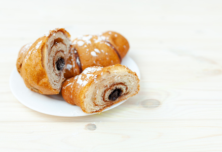Croissant, great design for any purposes. Food, Bakery, Baking background. Delicious cake. French breakfast. Homemade Sweet dessert with chocolate fillingの写真素材