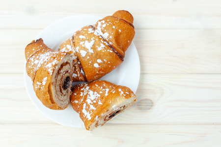 Croissant, great design for any purposes. Food, Bakery, Baking background. Delicious cake. French breakfast. Homemade Sweet dessert with chocolate fillingの写真素材