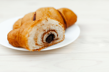 Croissant, great design for any purposes. Food, Bakery, Baking background. Delicious cake. French breakfast. Homemade Sweet dessert with chocolate fillingの写真素材