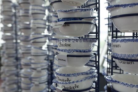 White plates with written names. nominal dishes.のeditorial素材