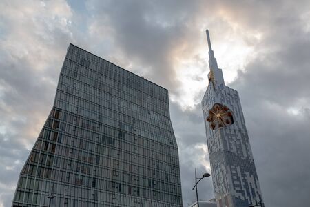 Batumi, Georgia - August 2018: Technological University Tower and the facade of the hotel with dramatic sky on the backgroundのeditorial素材
