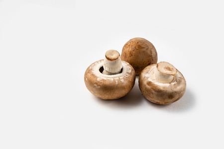 three champignon mushrooms isolated on white background close upの写真素材
