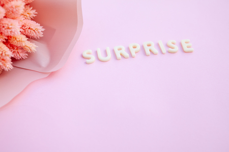 Beautiful pink dried flowers on a pink background with the inscription surprise in white letters and free space under the text. Minimal greeting card designの写真素材