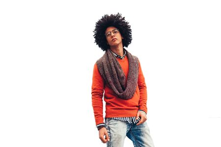 Stylish mixed race man, great design for any purposes. young student guy. Youth lifestyle. standing on the white background in the studioの写真素材