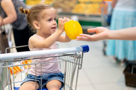 Little Caucasian girl chooses fresh vegetables in the supermarket. A child buys sweet pepper healthy food for the whole family.の写真素材
