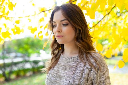 Beautiful caucasian brunette girl standing warm autumn day with background of trees with yellow foliage. Dressed wool sweaterの写真素材